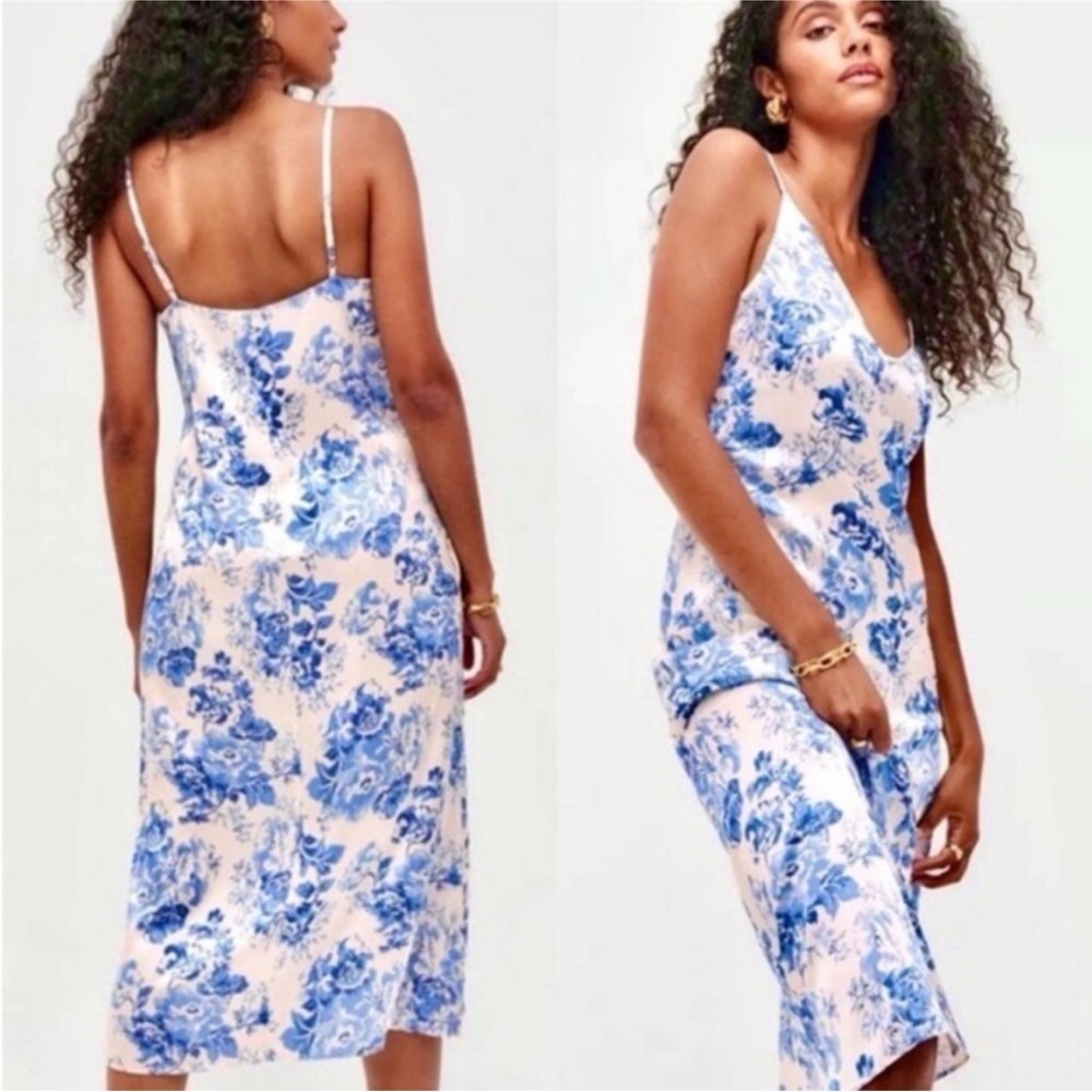 NWT Reformation Sophia Silk Midi Dress - Olympia Floral Print Blue White Size 12